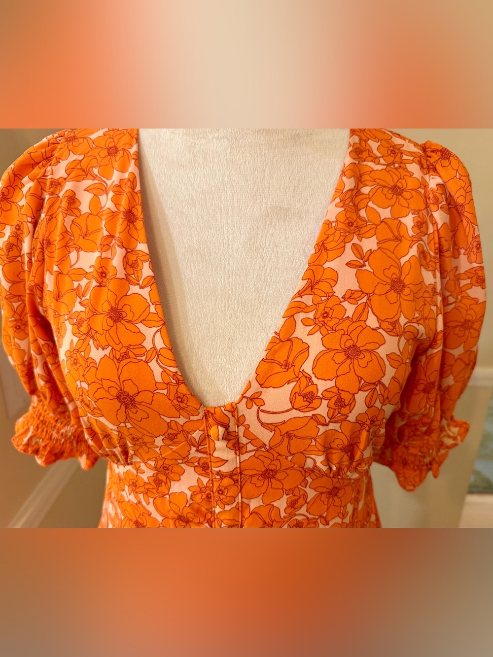 🌼🍊 Sienna Sky Orange Floral Puff Sleeve Mini Dress XS Cottagecore Boho - Picture 3 of 9